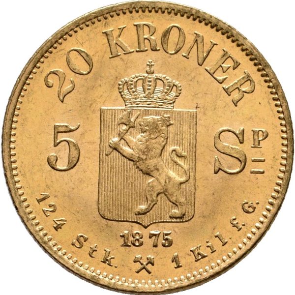 1875 20 kroner/ 5 spd. Oscar II, 0/01