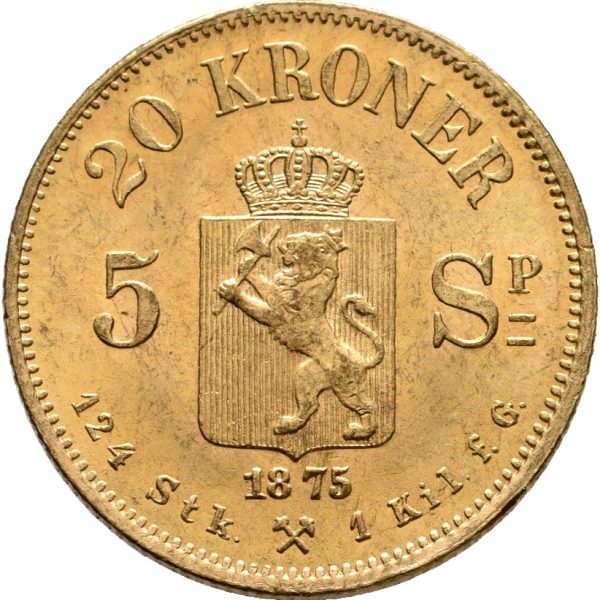 1875 20 kroner/ 5 spd. Oscar II, 0/01