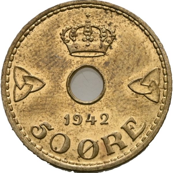 1942 50 øre Haakon VII, London, kanthakk, 0/01