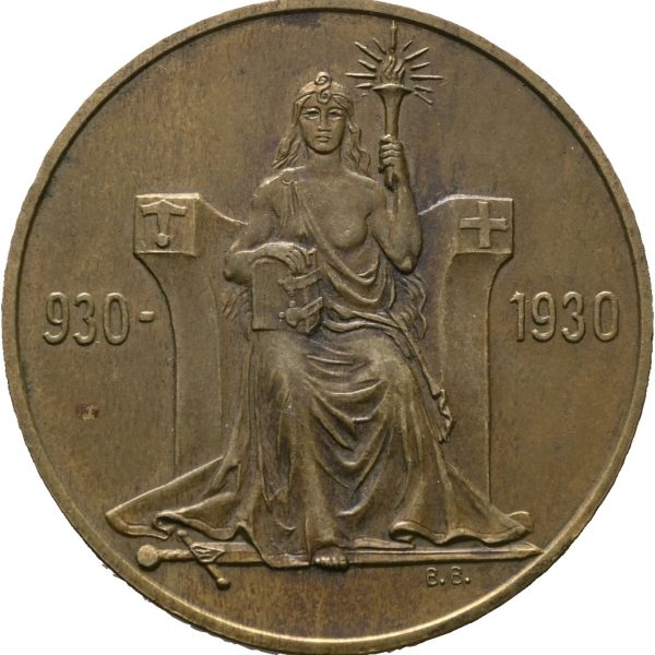 1930 Island 2 kronur Alltingets 1000 års jubileum, verdiangivelse i randen, bronse, 01