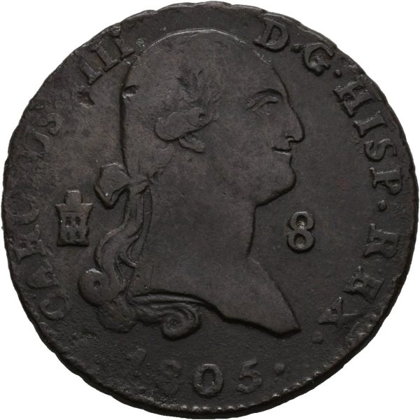1805 Spania 8 maravedis Carl IV, kobber, 1