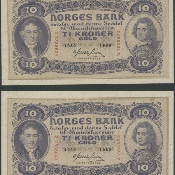 1939 10 kroner Z.7835623-24, 2 stk. i rekkefølge, «23» med flekk, 1+