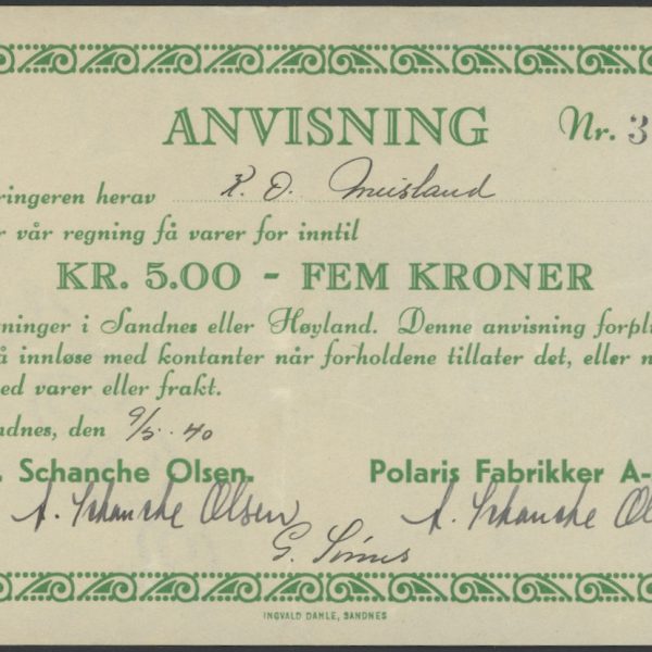 1940 5 krone no. 32, nødseddel Polaris Fabrikker, 1/1+