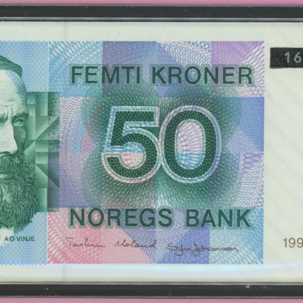 1995 50 kroner 1609960348, sort overtrykk, 6. utgave, i folder, 0